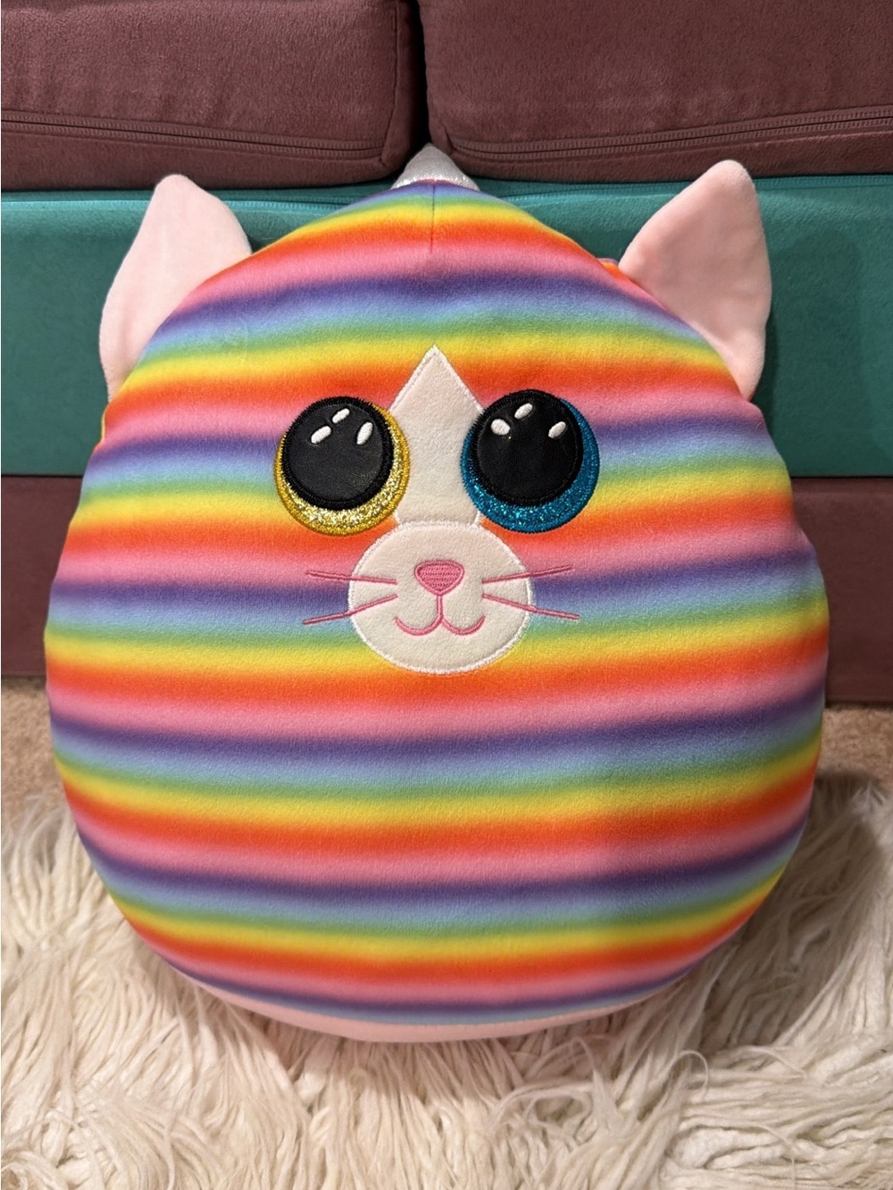 TY 13" Heather Unicat Rainbow Stripe Cat Plush Pillow - Multicolor